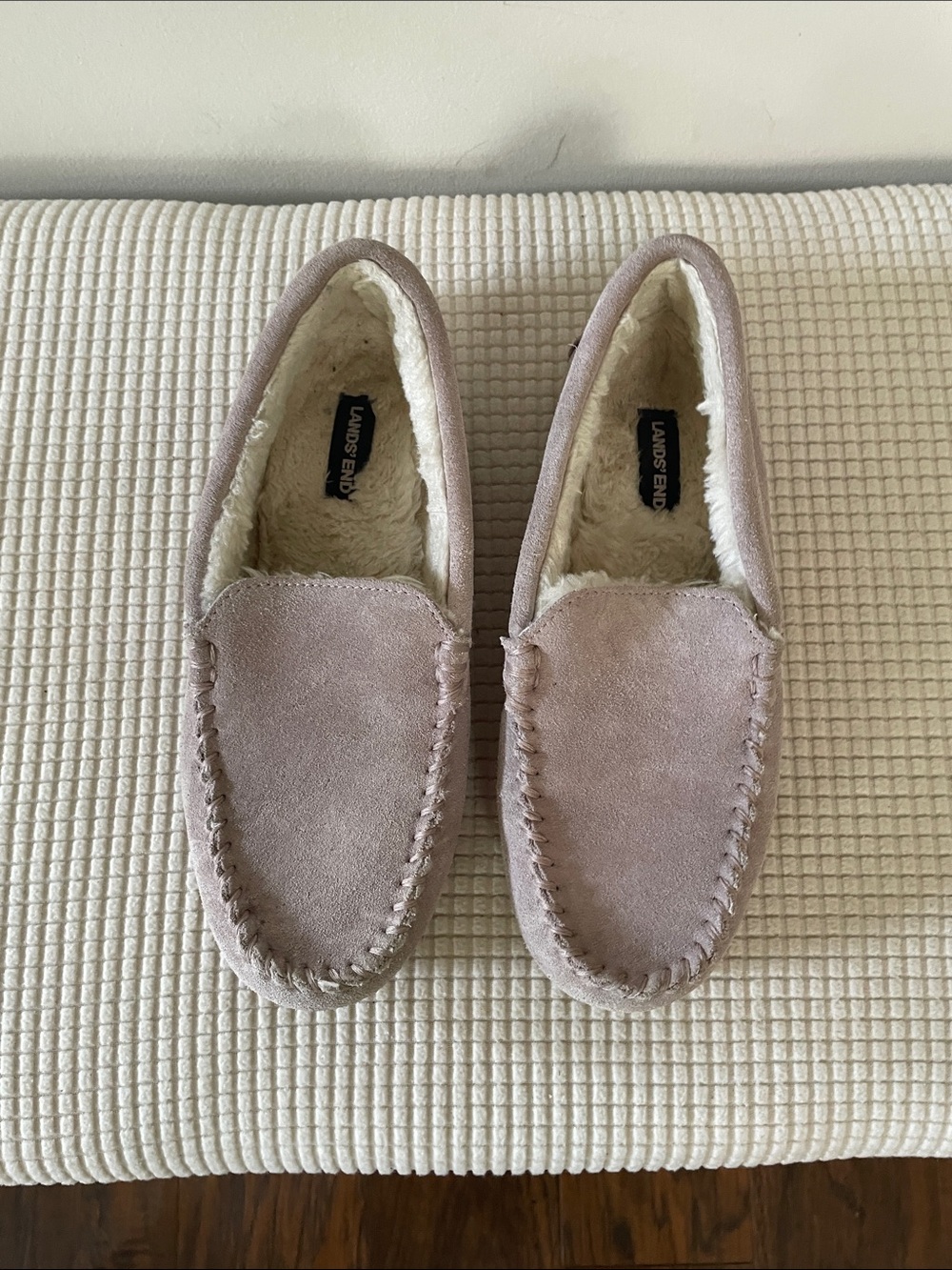 Lands' End Women's Suede Moccasin Slippers in Light Taupe Comfort